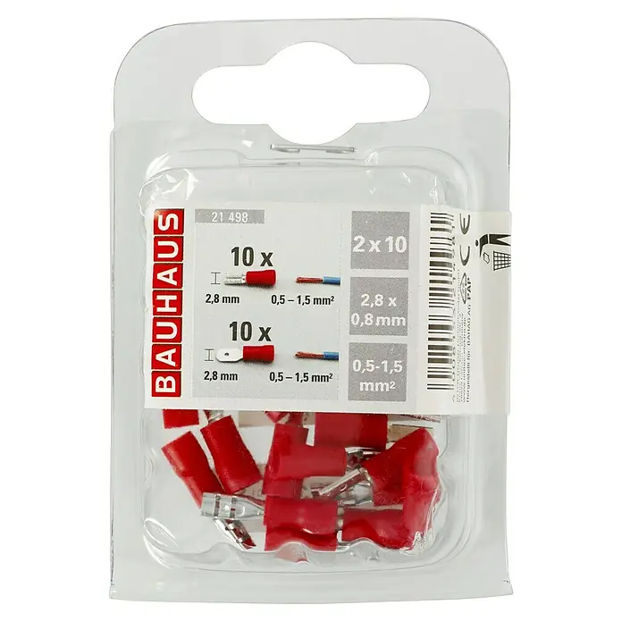 Voltomat Flachsteckhülsen - 2,8 mm, Querschnitt: 0,5 mm² - 1,5 mm², 10 x Flachstecker, 10 x Flachsteckhülsen, Rot - Eine Packung mit 20 isolierten Aderendhülsen von Bauhaus, rot, zur sicheren und zuverlässigen Verbindung von Drähten mit 2,8 mm Durchmesser.