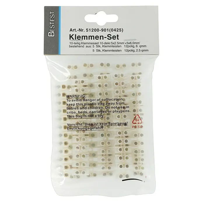 Lüsterklemme Set - 2,5 mm² - 6 mm², Polanzahl: 12 Stk., 10 Stk. - Ein Set von BESTEST-Klemmen, bestehend aus 10-teiligen Klemmen in verschiedenen Größen, verpackt in einer Plastiktüte mit Warnhinweisen.