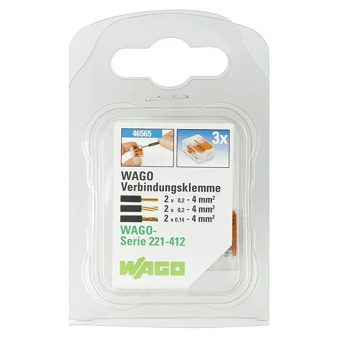 Wago Compact Hebelklemme 221-412 - Anzahl Leiter: 2 Stk., 0,14 mm² - 4 mm², 3 Stk. - Die WAGO Verbindungsklemmen Serie 221-412 im Blisterpack. Geeignet für 0,14 bis 4 mm² Leiter. 3 Stück für schnelle & sichere Verbindungen.