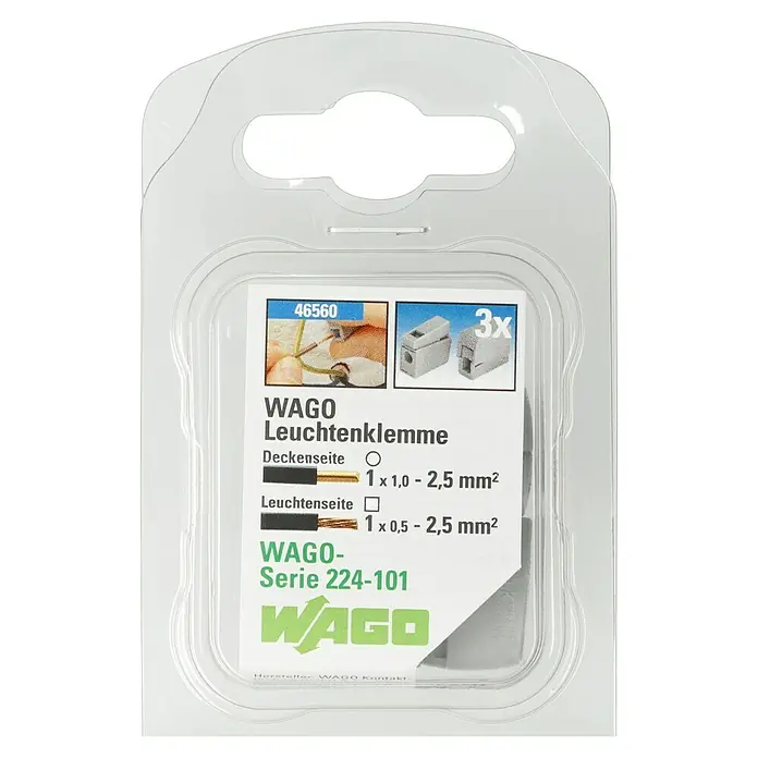 Wago Leuchtenklemme - Anzahl Leiter: 1 Stk., 0,5 mm² - 2,5 mm², 3 Stk. - Eine Packung WAGO Leuchtenklemmen Serie 224-101, die für den Decken- und Leuchtenanschluss geeignet sind und drei Stück enthält.