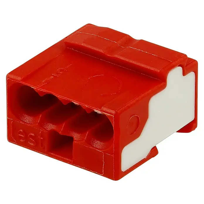 Wago Steckklemme Micro 243-804 - Anzahl Leiter: 4 Stk., Querschnitt: 0,6 mm² - 0,8 mm², 10 Stk. - Ein roter und weißer Wago-Klemmenblock mit drei Eingängen auf schwarzem Hintergrund, der für elektrische Verbindungen verwendet wird.