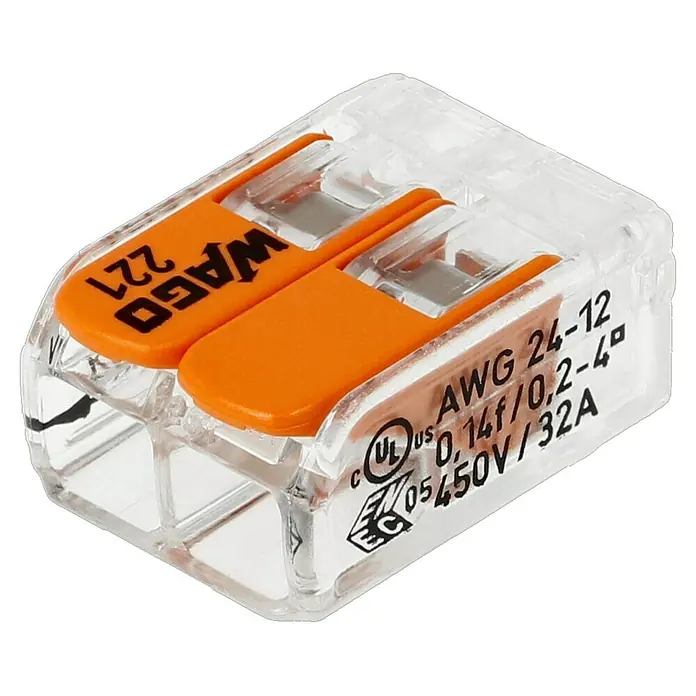 Wago Compact Hebelklemme 221-412 - Anzahl Leiter: 2 Stk., 0,14 mm² - 4 mm², 3 Stk. - Nahaufnahme eines Wago 221-Verbindungsstücks mit orangefarbenen Hebeln und transparentem Gehäuse, das für die sichere elektrische Verbindung verwendet wird.