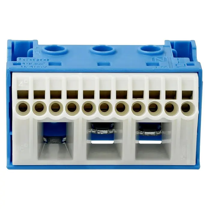 Hager N-Klemmblock - Anzahl Klemmstellen: 14 Stk., Blau - Nahaufnahme einer Hager-Reihenklemme mit 10 Anschlüssen, blau-weiße Ausführung für Elektroinstallationen.