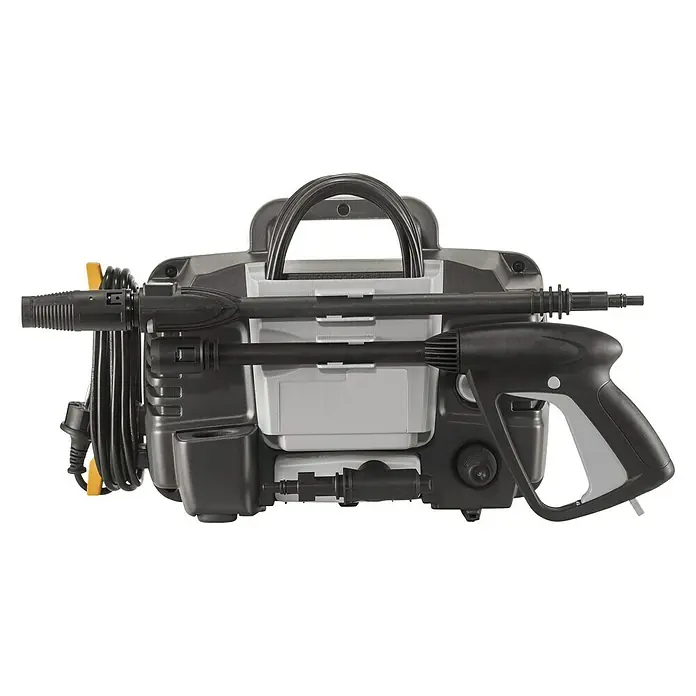 Stiga Hochdruckreiniger HPS 110 - 1.400 W - Abgebildet ist ein tragbarer, grauer Hochdruckreiniger mit schwarzem Zubehör und gelben Akzenten, ideal für Reinigungsarbeiten im Außenbereich.