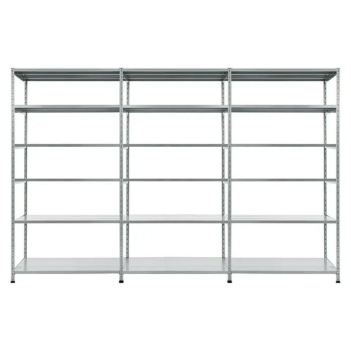 Scholz Metallregal SE - Höhe: 228 cm, B x T: 307 x 60 cm, Traglast pro Boden: 200 kg, Anzahl Böden: 6 Stk., Stecken, Silber - Ansicht eines dreiteiligen, grauen Metallregalsystems mit fünf Regalböden, ideal für Lagerung und Organisation in verschiedenen Umgebungen.