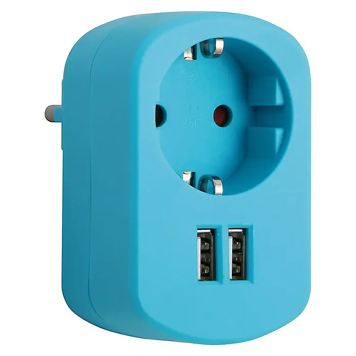 Simon Adaptador USB Combi - Azul caribe - Adaptador de viaje universal azul con enchufe y dos puertos USB para viajes internacionales.