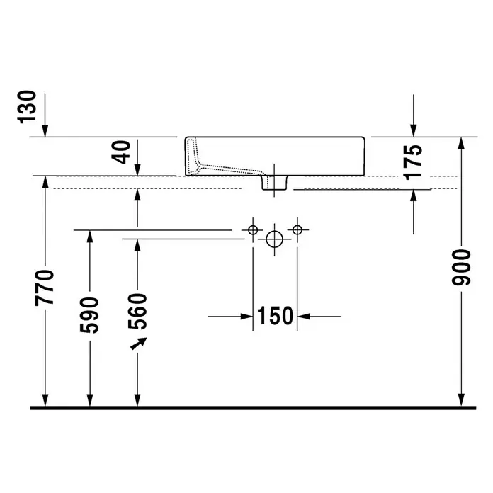 Duravit Vero Aufsatzwaschbecken - 59,5 x 47 cm, Ohne Spezialglasur, Hahnloch: Mitte, Mit Überlauf, Weiß - Eine technische Zeichnung eines modernen Waschtischs mit detaillierten Maßangaben, die für die Badplanung nützlich sind.