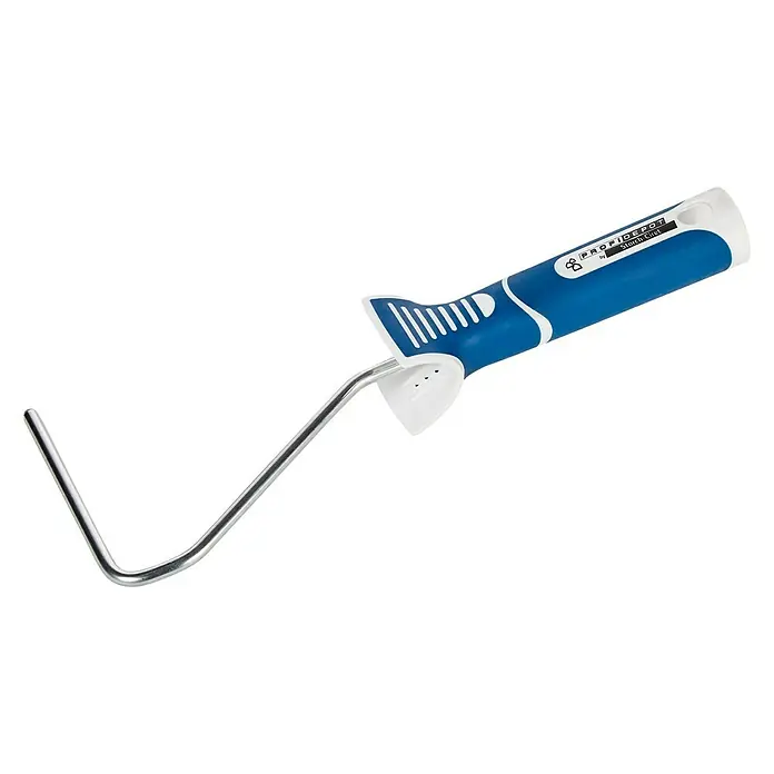 Profi Depot by Storch-Ciret Farbroller-Bügel 2K - Bügellänge: 27 cm, Geeignet für: Walzen 10 - 12 cm, Bügelstärke: 6 mm - Nahaufnahme eines ProfiDesign Farbrollers mit blauem Griff, ideal für präzise Malerarbeiten.