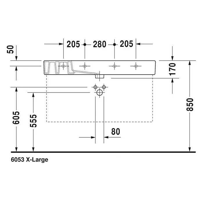 Duravit Vero Waschtisch - 105 x 49 cm, Ohne Spezialglasur, Hahnloch: Mitte, Mit Überlauf, Weiß, Ungeschliffen - Technische Zeichnung des 6053 X-Large Waschbeckens mit Maßangaben für Installation und Design.