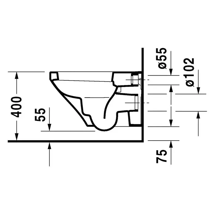 Duravit DuraStyle Wand-WC Typ 1 - Mit Spülrand, Mit schmutzabweisender Glasur, Spülform: Tief, WC Abgang: Waagerecht, Weiß - Technische Zeichnung einer hängenden Toilette mit Maßen, die die Installation und Designaspekte hervorheben.