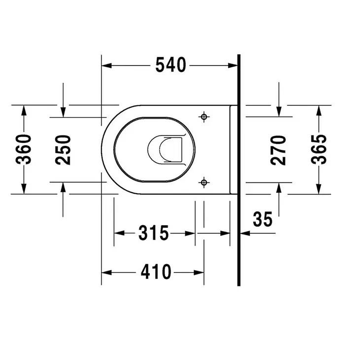 Duravit Starck 3 Wand-WC Typ 1 - Mit Spülrand, Ohne Spezialglasur, Spülform: Tief, WC Abgang: Waagerecht, Weiß - Draufsicht eines Toilettenplans mit Maßen. Technische Zeichnung für Sanitärinstallationen mit detaillierten Abmessungen.