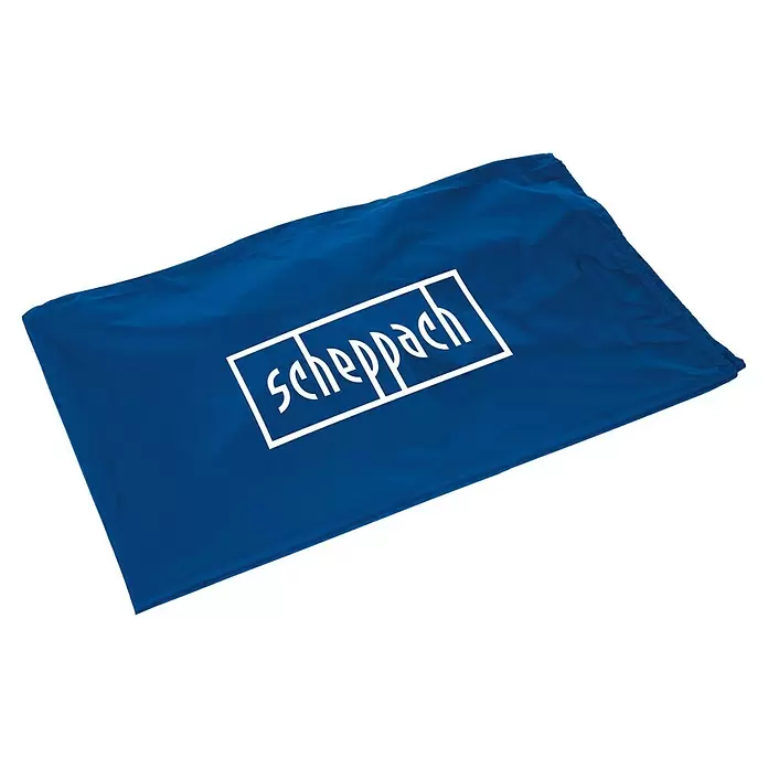 Scheppach Abdeckhaube für Rasenmäher - L x B: 1.050 x 1.200 mm, Kunststoff, Aufsitzrasenmäher - Blauer Stoff-Schutzbeutel mit weißem Scheppach-Logo.
