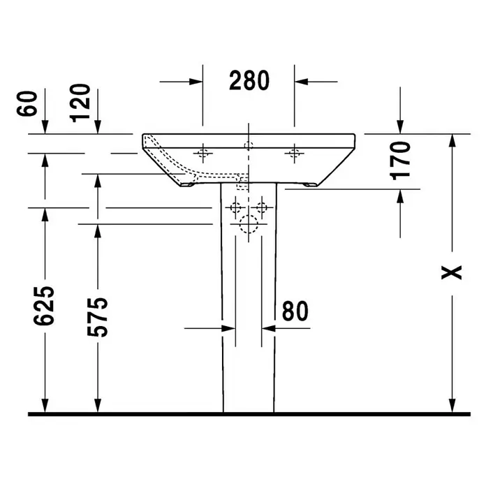 Duravit DuraStyle Waschtisch Typ 2 - 65 x 44 cm, Mit schmutzabweisender Glasur, Hahnloch: Mitte, Mit Überlauf, Weiß - Technische Zeichnung eines Waschtisches mit Standfuß, Bemaßungen in mm für die Installation. Detailansicht für Installateure.