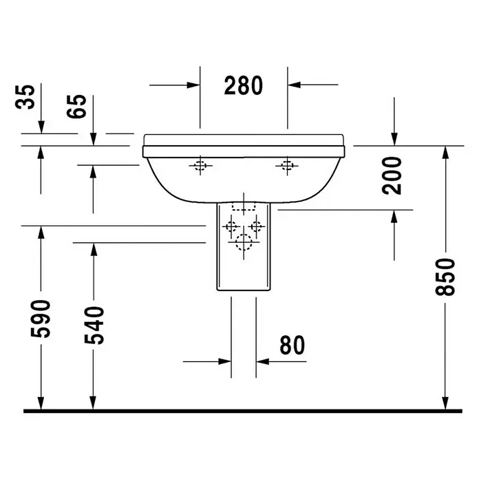 Duravit Starck 3 Waschtisch Typ 2 - 65 x 48,5 cm, Ohne Spezialglasur, Hahnloch: Mitte, Mit Überlauf, Weiß - Technische Zeichnung eines Waschbeckens mit den Maßen 280 x 850 mm, einschließlich Höhe, Tiefe und anderer relevanter Abmessungen.