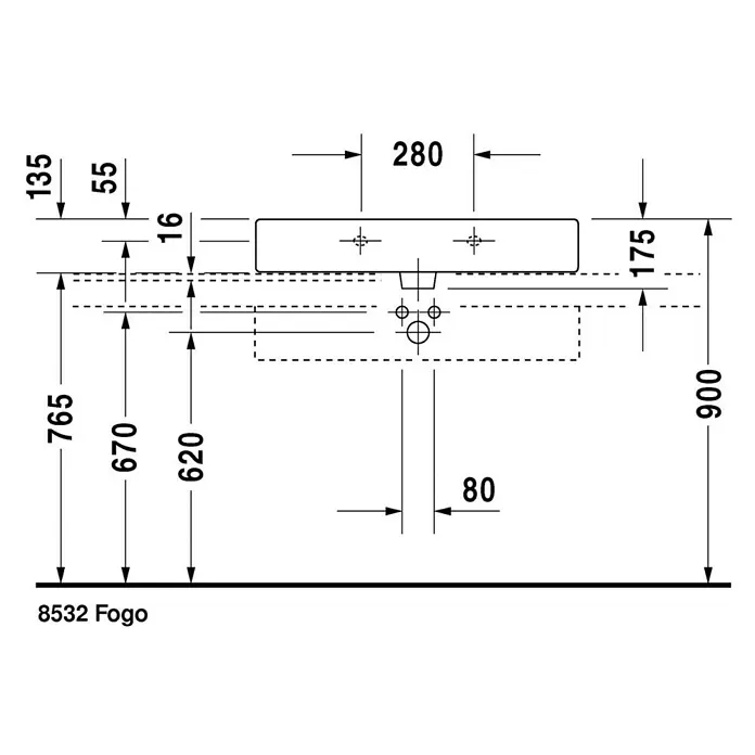 Duravit Vero Waschtisch - 80 x 47 cm, Ohne Spezialglasur, Hahnloch: Mitte, Mit Überlauf, Weiß, Geschliffen - Technische Zeichnung des 8532 Fogo Waschtischs mit detaillierten Maßangaben für Installation und Design.