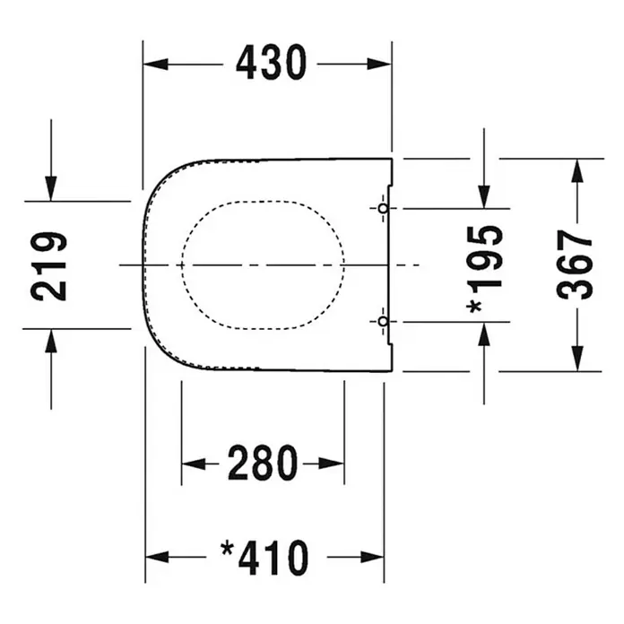 Duravit Happy D.2 WC-Sitz - Duroplast, Weiß, Mit Absenkautomatik, Abnehmbar - Draufsicht einer Toilettenbrille mit Maßangaben. Die Toilettenbrille ist in ihrer Form klar erkennbar, unterstützt durch die Maßangaben für eine genaue Darstellung.