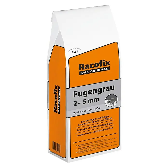 Racofix Fugengrau - Grau, 5 kg - Ein Sack Racofix Fugengrau 2-5 mm Fugenmörtel, ideal zum Verfugen von keramischen Fliesen im Innen- und Außenbereich.
