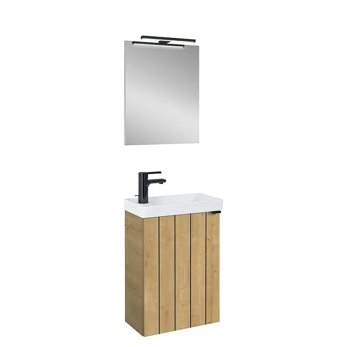 Riva Badmöbel-Set Joy - Gesamtbreite Badmöbel: 45 cm, Hamilton Eiche, 3 -tlg. - Ein stilvoller Waschtisch mit Holzstruktur und einem modernen Spiegel mit integrierter Beleuchtung für ein elegantes Badezimmerdesign.