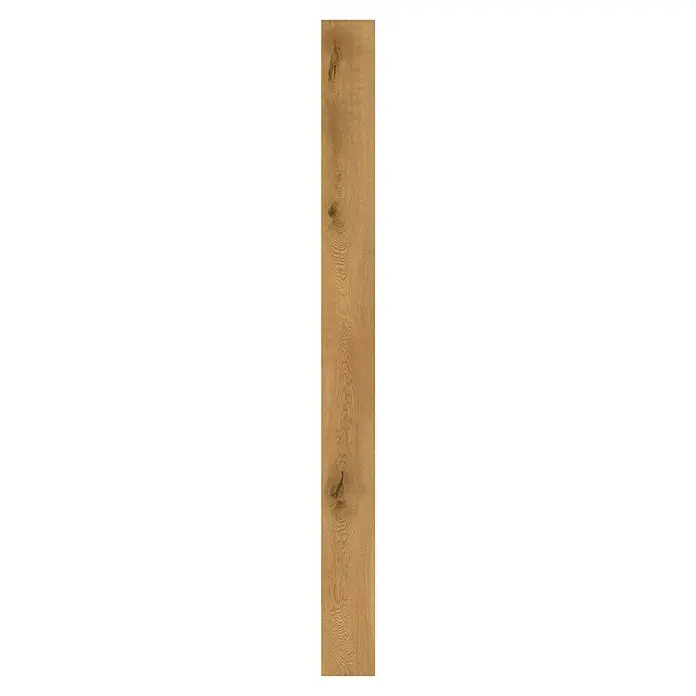 LOGOCLIC Parkett - Eiche versiegelt matt, Landhausdiele, 2.200 x 180 x 11 mm - Ein einzelnes, hellbraunes Eichenholzbrett mit Astlöchern und einer sichtbaren Maserung.