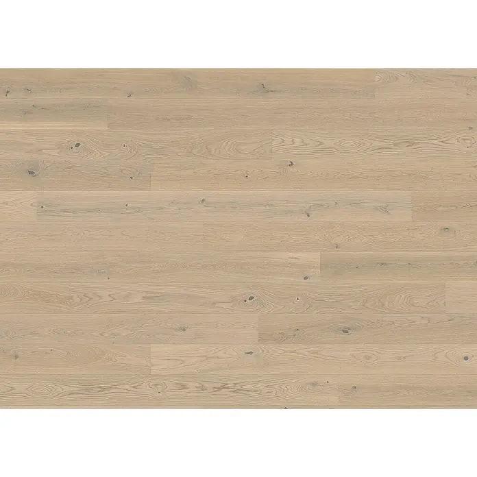 LOGOCLIC Parkett - Eiche Weiß, Landhausdiele, 2.200 x 180 x 11 mm - Ein helles, modernes Holzlaminat mit einer natürlichen Holzmaserung und subtilen Astlöchern, perfekt für zeitgemäße Innenräume.