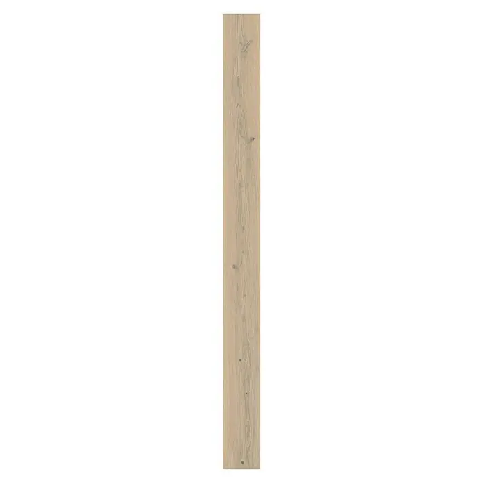 LOGOCLIC Parkettmuster Eiche Weiß - 290 x 180 x 11 mm, Landhausdiele - Nahaufnahme eines einzelnen Laminat-Dielenbodens mit einer glatten, hellen Holzstruktur und subtilen Astknoten für einen natürlichen Look.