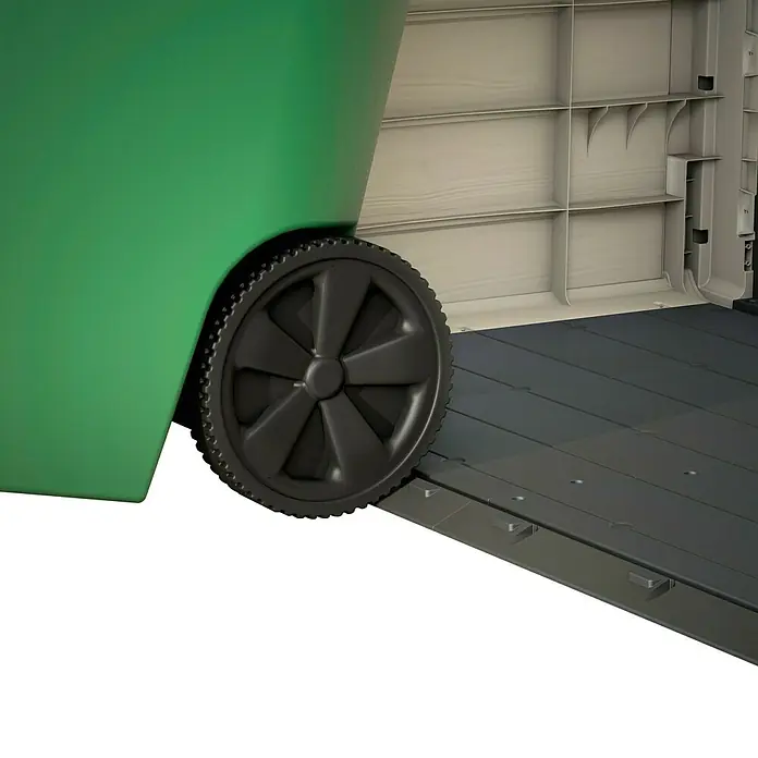 Keter Arcón Store It Out Ultra - L x An x Al: 113 x 177 x 134 cm, Marrón claro - Vista detallada de una caja de almacenamiento resistente a la intemperie con ruedas, ideal para guardar herramientas de jardín al aire libre.