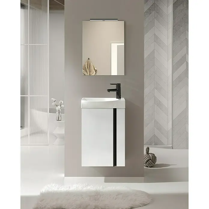 Riva Badmöbel-Set Elegance - Gesamtbreite Badmöbel: 45,2 cm, Weiß matt, Matt, 3 -tlg. - Elegantes Badezimmerwaschbecken mit Spiegel und schwarzer Armatur für ein modernes Ambiente.