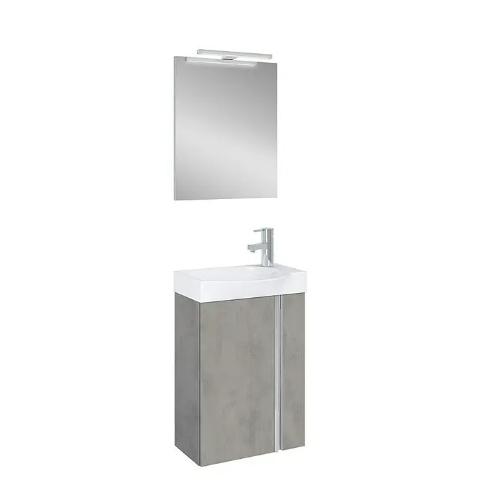 Riva Badmöbel-Set Elegance - Gesamtbreite Badmöbel: 45,2 cm, Chromix Silver, 3 -tlg. - Moderne Badezimmereinrichtung mit einem Spiegel und einem Unterschrank in Betonoptik mit einem weißen Waschbecken und Armatur.
