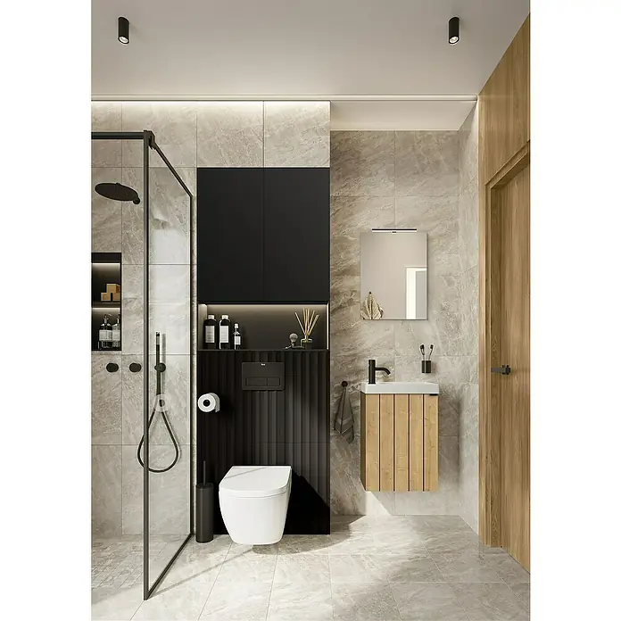 Riva Badmöbel-Set Joy - Gesamtbreite Badmöbel: 45 cm, Hamilton Eiche, 3 -tlg. - Modernes Badezimmer-Design mit einer Dusche, Toilette, Waschtisch und einem stilvollen schwarzen Schrank für ein elegantes Erscheinungsbild.