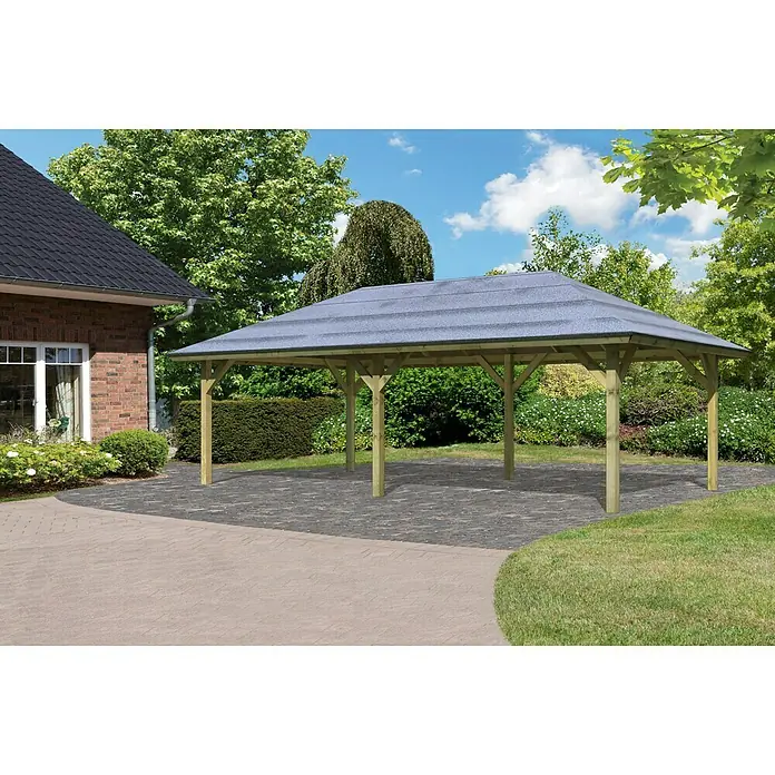 Karibu Pavillon Bergen 2 - 592 x 338 cm, Schiefergrau, Natur - Bild einer Holzkonstruktion mit einem Dach, wahrscheinlich ein Carport oder Pavillon.