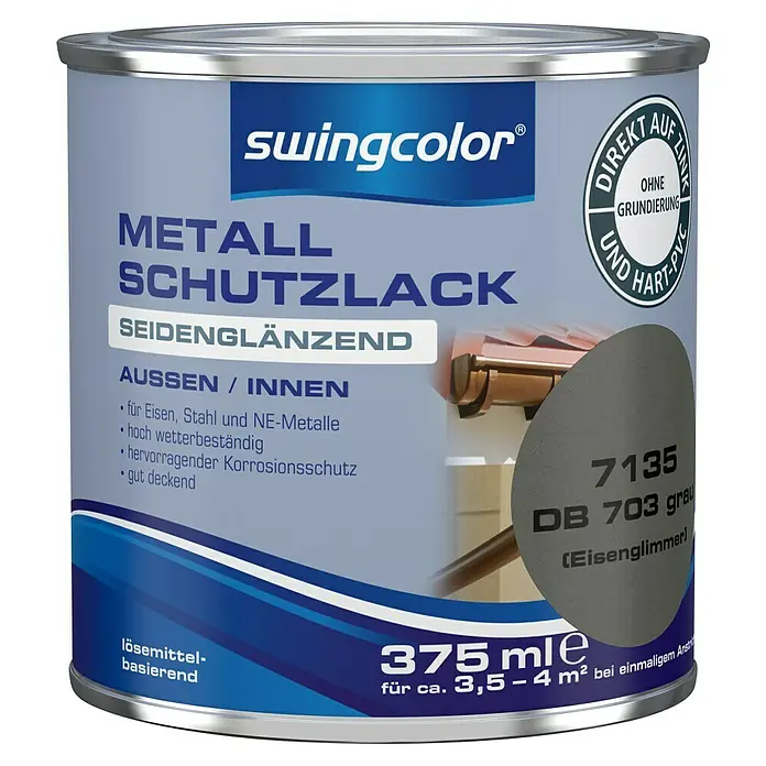 swingcolor Metall-Schutzlack - Eisenglimmer Silber, 375 ml, Seidenglänzend - Dose Swingcolor Metall Schutzlack seidenglänzend, Farbe DB 703 grau (Eisenglimmer), 375 ml, für Eisen, Stahl und Nichteisenmetalle.