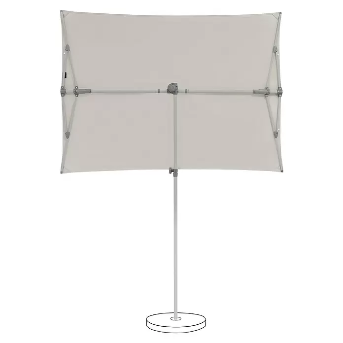 Suncomfort Balkonschirm Flex Roof - Hellgrau, Bespannungsmaß (L x B): 195 x 140 cm - Rechteckiger, hellbeiger Terrassenschirm mit hellgrauem Gestell und Mittelstange, stehend auf einem runden Fuß.