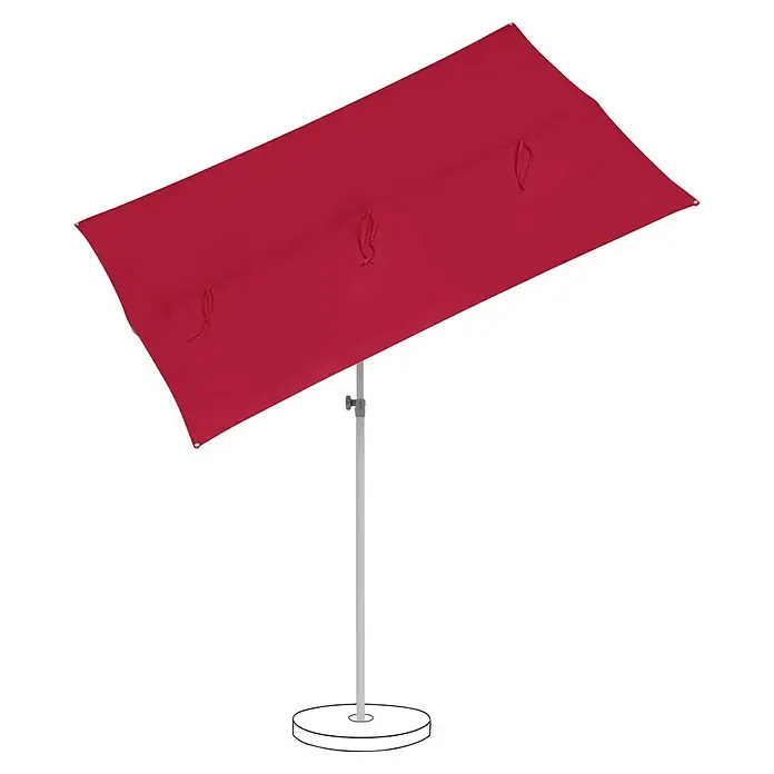 Suncomfort Balkonschirm Flex Roof - Aurora Rot, Bespannungsmaß (L x B): 195 x 140 cm - Ein roter rechteckiger Sonnenschirm mit einem silbernen Ständer und einer runden Basis für den Außenbereich.
