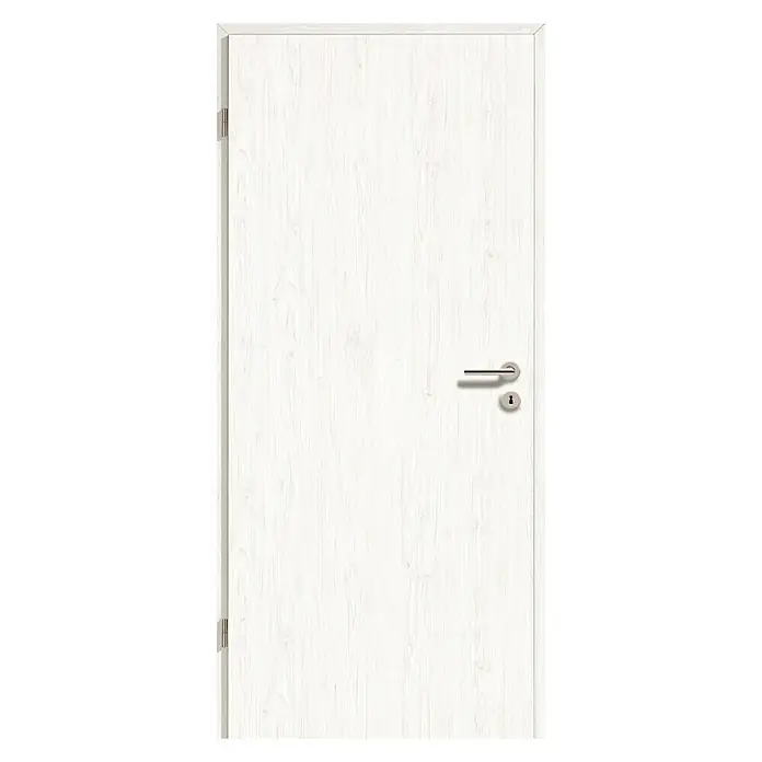 GetaDoor Lamineo Zimmertür GLN 15 - 860 x 1.985 mm, DIN Anschlag: Links, Pinie Polar, Röhrenspan - Eine elegante, weiße Holztür mit einem schlichten, modernen Türgriff, ideal für ein stilvolles Zuhause.