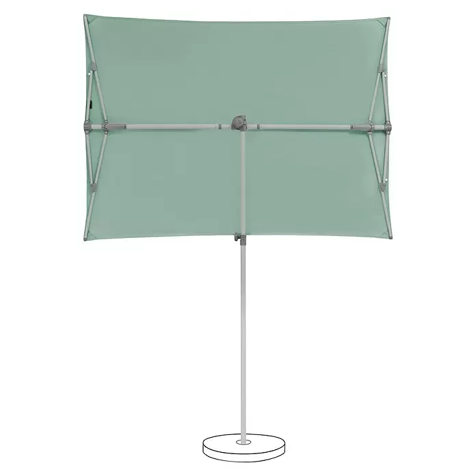 Suncomfort Balkonschirm Flex Roof - Frost-Grün, 195 x 140 cm, Aluminium - Rechteckiger hellgrüner Sonnenschirm mit weißem Mast und Fuß, von unten sichtbar.