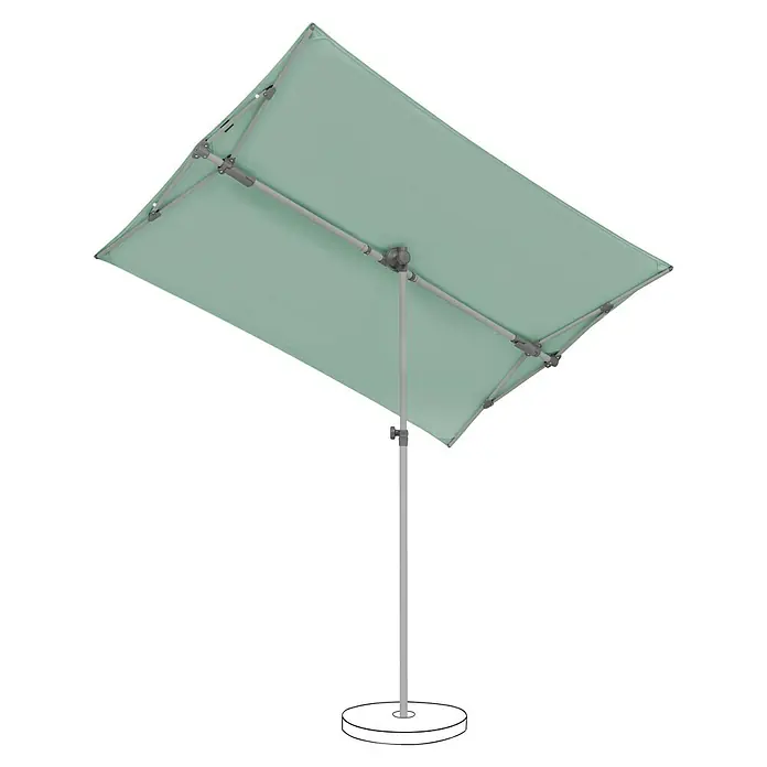 Suncomfort Balkonschirm Flex Roof - Frost-Grün, 195 x 140 cm, Aluminium - Bild eines rechteckigen Sonnenschirms in sanftem Grün mit silbernem Gestell und rundem, weißem Sockel, der Schatten an einem sonnigen Tag spendet.