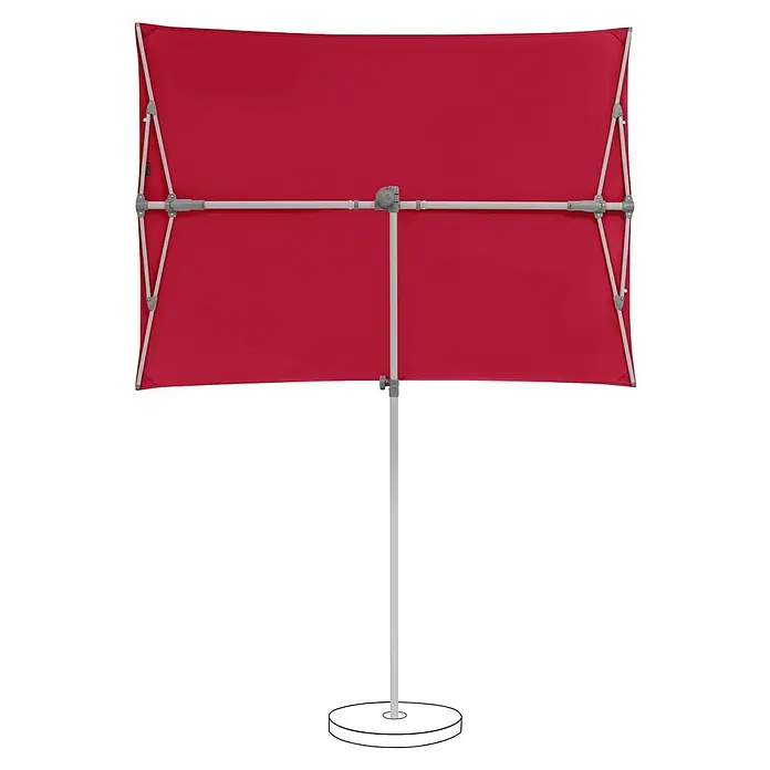 Suncomfort Balkonschirm Flex Roof - Aurora Rot, Bespannungsmaß (L x B): 195 x 140 cm - Eine rote, rechteckige Werbewand mit einem silberfarbenen Rahmen und einem Standfuß, ideal für Veranstaltungen und Präsentationen.