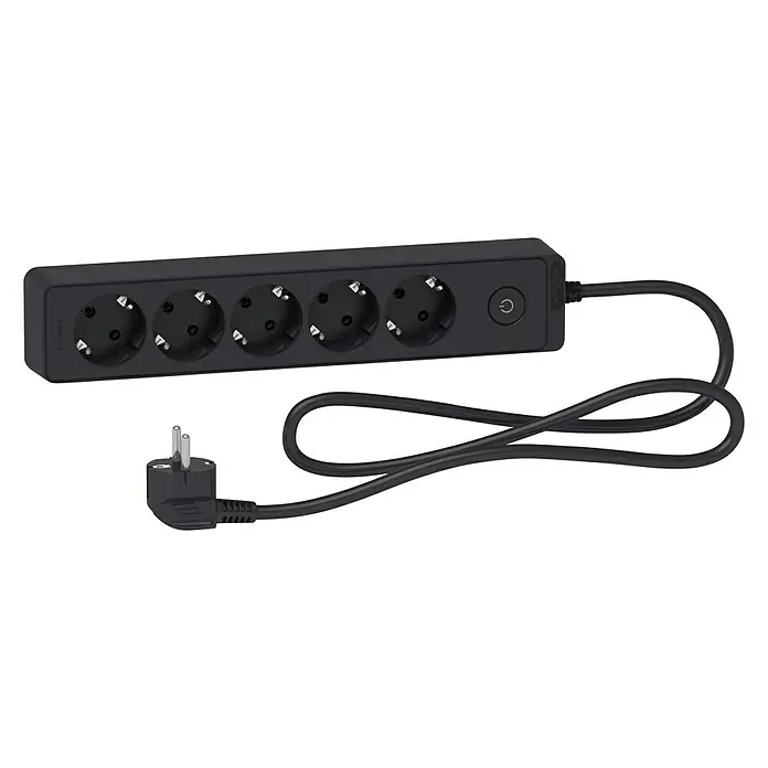 Schneider Electric Base de enchufe múltiple - Antracita, Longitud del cable: 1,5 m, IP20, Con interruptor, 5 ud. - Una regleta negra con cinco enchufes y un interruptor, conectada a un cable y un enchufe.