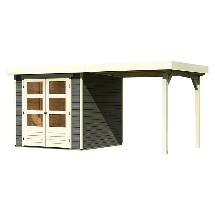 Karibu Gartenhaus Askola 2 - Außenmaß inkl. Dachüberstand (B x T): 467 x 238 cm, Holz, Terragrau, Mit Anbaudach - Abbildung eines Gartenhauses mit Carport, ideal für zusätzlichen Stauraum und als Unterstand für Ihr Auto.