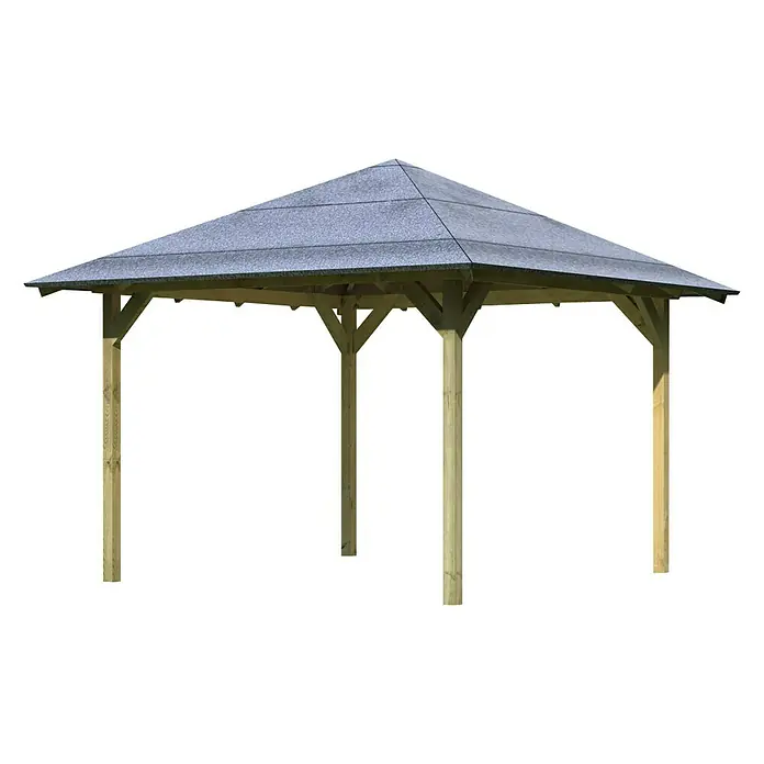 Karibu Pavillon Cordoba - 357 x 297 cm, Schiefergrau, Natur - Abbildung eines Holzpavillons mit grauem Dach, ideal für Gärten und Terrassen, der Schatten und Schutz bietet.