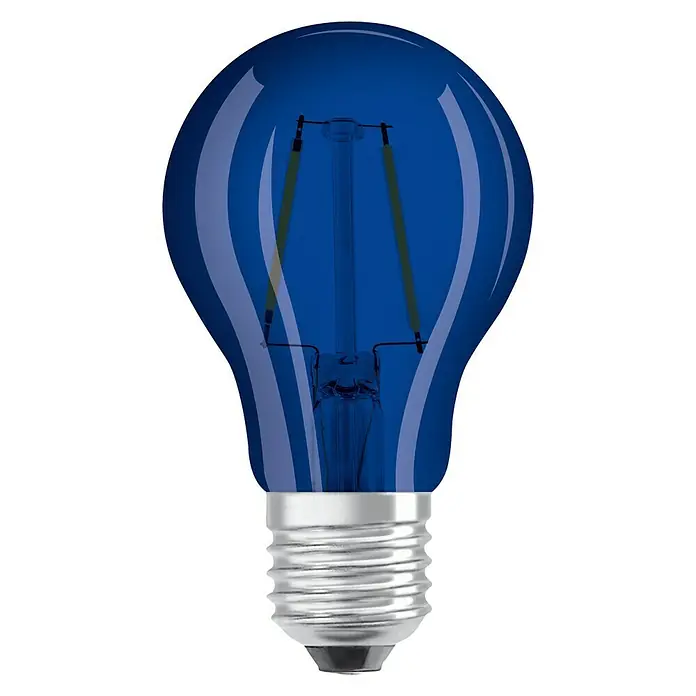 Osram Star LED-Lampe Glühlampenform E27 matt - E27, Nicht Dimmbar, Blau, 10 lm, 2,5 W, Farbe: Blau - Nahaufnahme einer blauen LED-Glühbirne mit silbernem Sockel vor einem weißen Hintergrund.
