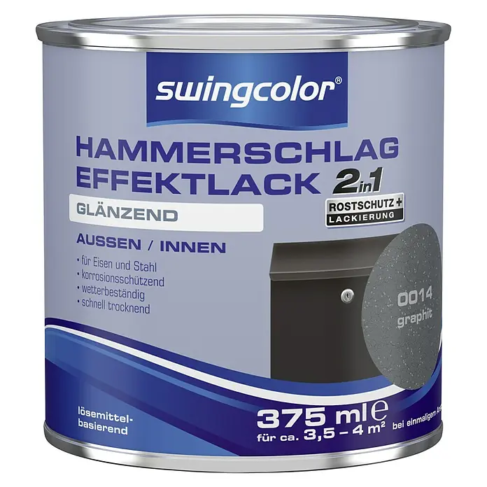 swingcolor Effektlack - Graphit, Glänzend, 375 ml, Lösemittelbasiert - Dose Hammerschlag Effektlack 2in1 von Swingcolor in glänzend Graphit, für Eisen und Stahl, korrosionsschützend und wetterbeständig, 375 ml.