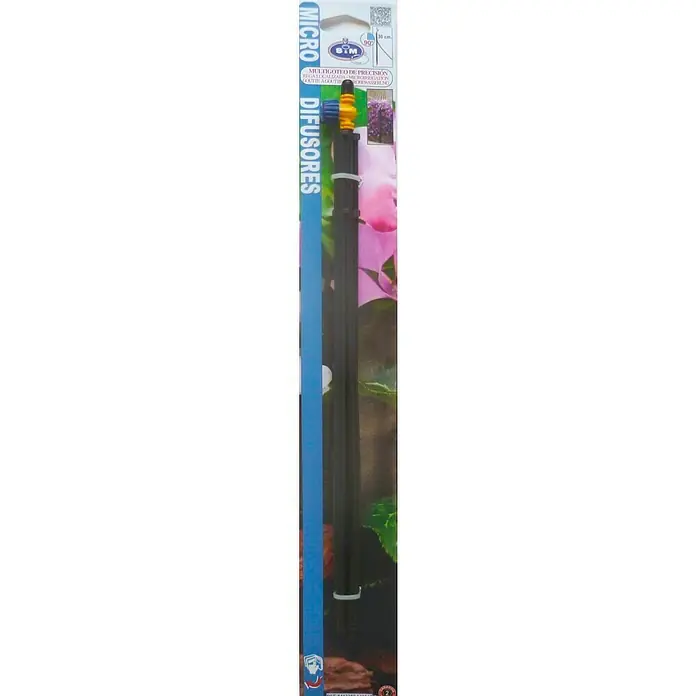 Varilla con microdifusor - Formas de riego: 90°, Largo: 30 cm, 1 ud. - Imagen del embalaje de un microdifusor negro, un producto de riego para el riego de jardines específico.