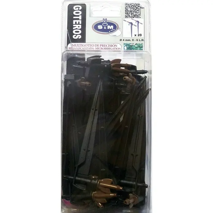 Gotero lineal con estaca - 6 l/h, 20 ud. - Paquete de 20 goteros de microirrigación de precisión S&M con diámetro de 4 mm, ideales para un riego localizado y eficiente.