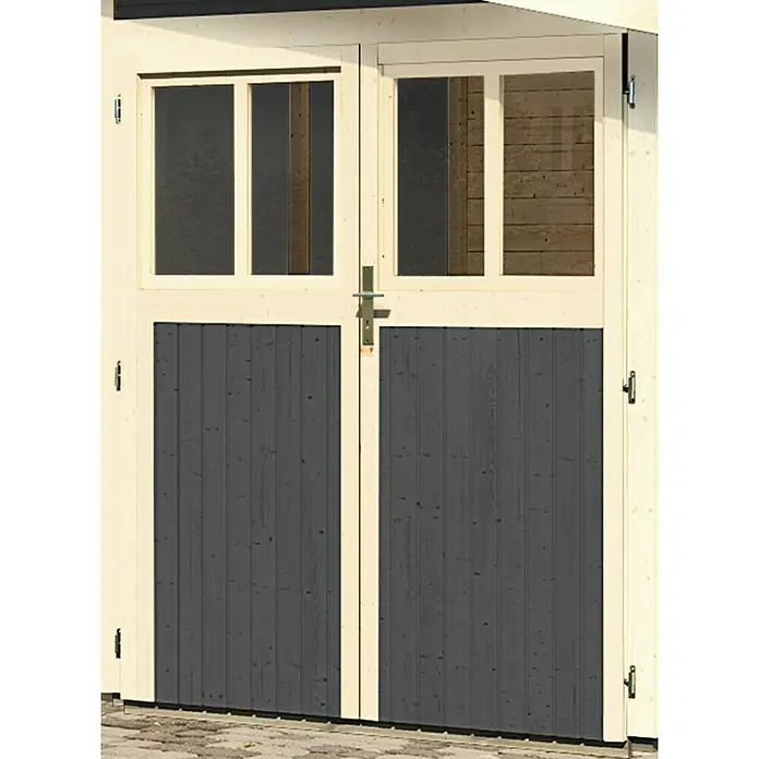 Karibu Zusatztür - Terragrau, Elfenbeinweiß, 164 x 180,5 cm, Geeignet für: Gartenhäuser mit 19 mm Wandstärke - Holztüren mit Fenstern im oberen Bereich und grauen Paneelen unten, die einen rustikalen Charme versprühen.