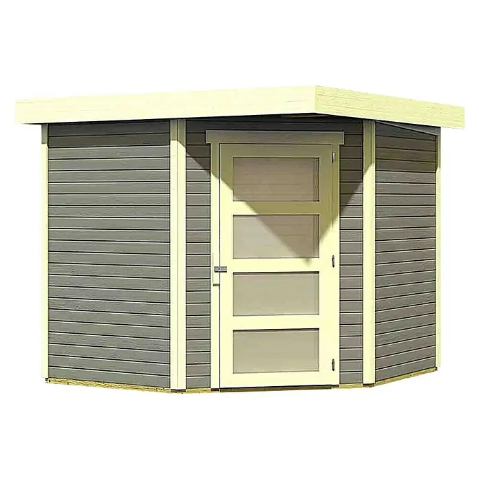 Karibu Gartenhaus Schwandorf 5 - Außenmaß inkl. Dachüberstand (B x T): 268 x 262 cm, Holz, Terragrau, Weiß - Quadratischer grauer Geräteschuppen mit Flachdach und einer Tür mit drei Fenstern in der Mitte. Der Schuppen hat helle Leisten und eine helle Dachumrandung.