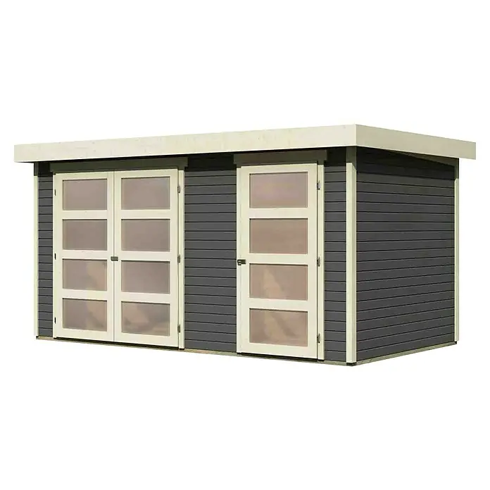 Karibu Gartenhaus Mühlentrup 1 - Außenmaß inkl. Dachüberstand (B x T): 428 x 238 cm, Holz, Terragrau - Ein stilvolles Gartenhaus mit Doppeltür und einer zusätzlichen Einzeltür. Ideal für die Aufbewahrung von Gartengeräten und -möbeln.