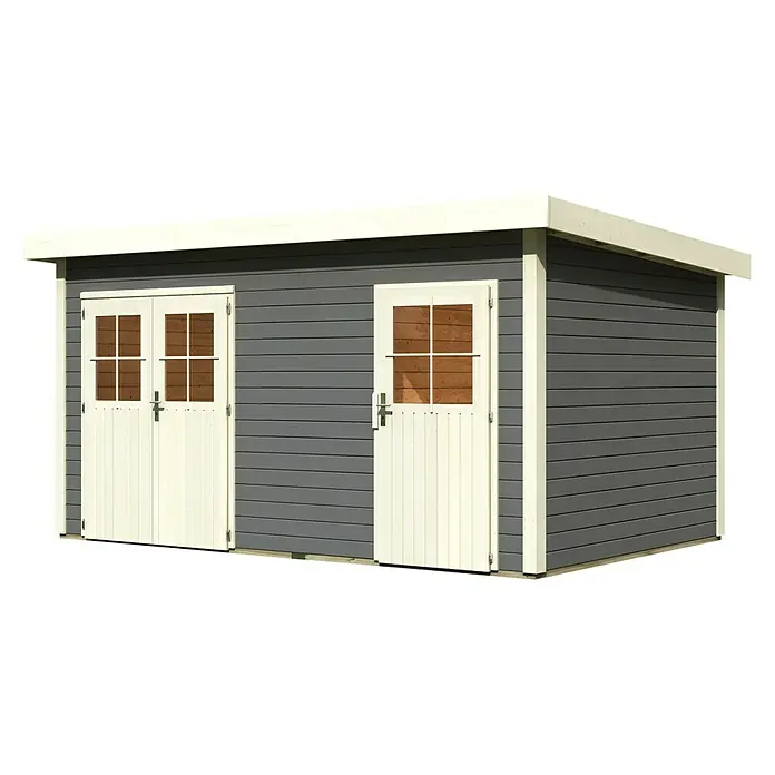 Karibu Gartenhaus Mattrup - Holz, Terragrau, Weiß - Ein geräumiges Gartenhaus mit Doppeltür und einer Einzeltür, ideal für die Aufbewahrung von Gartengeräten und Möbeln. Die graue Farbgebung ist schlicht.