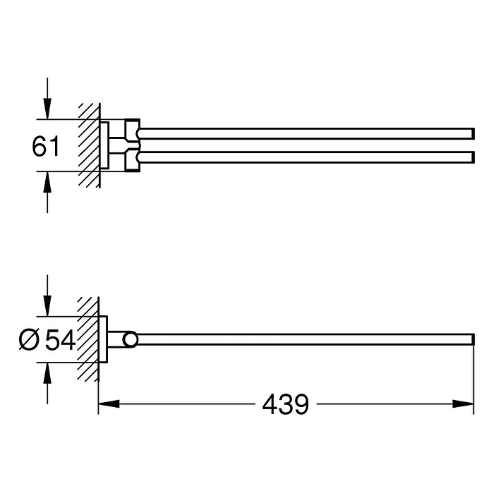 Grohe Essentials Handtuchhalter - 2-armig, Chrom, Glänzend - Technische Zeichnung eines Handtuchhalters mit den Maßen Durchmesser 54, Länge 439 und Breite 61.