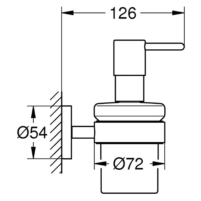 Grohe Essentials Seifenspender - Mit Halterung, Chrom, Glänzend - Technische Zeichnung eines Seifenspenders mit Maßangaben (126 mm Tiefe, Ø54 mm Wandhalterung, Ø72 mm Behälter).